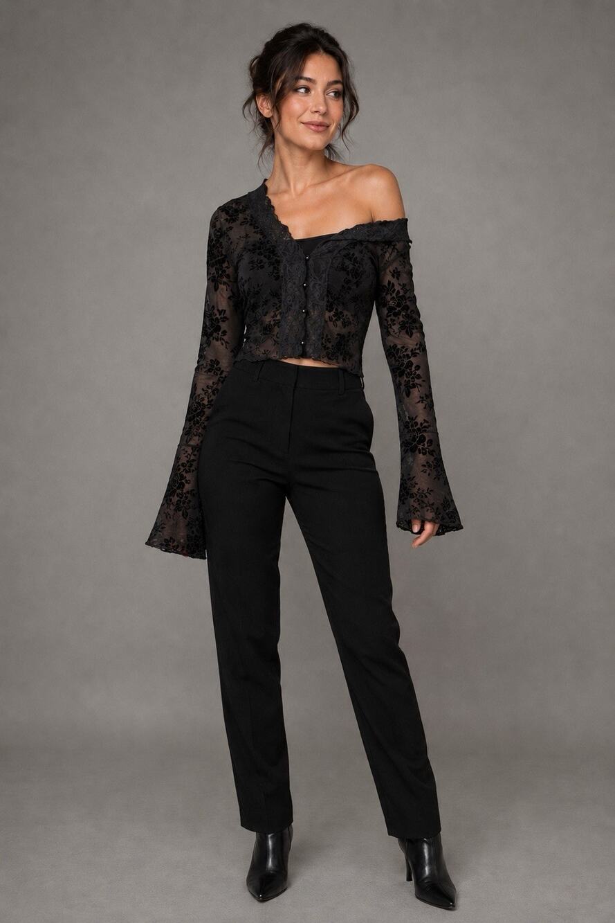 Black Sheer Flocked Floral Lace Crop Cardigan Bell Sleeve Gothic Witchcore Y2K